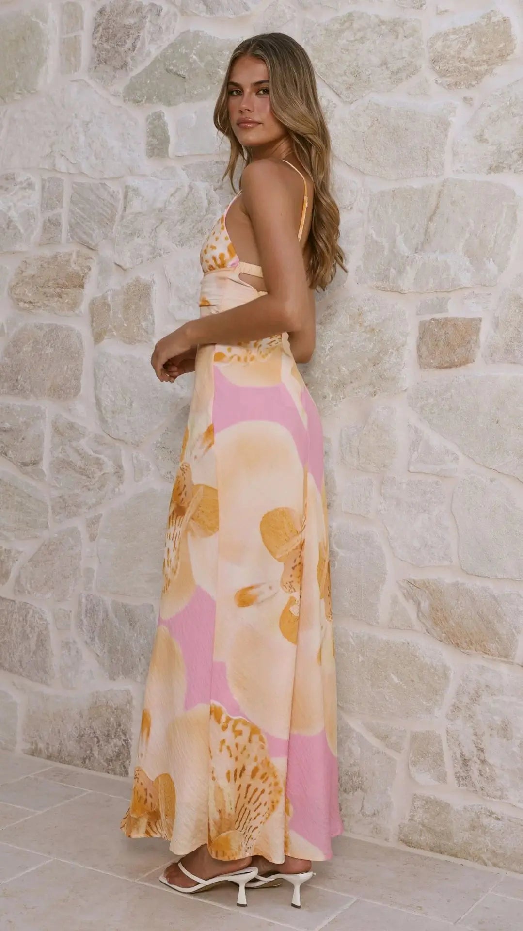 Sunlit Breeze Printed Strap Maxi Dress With V Neck Backless