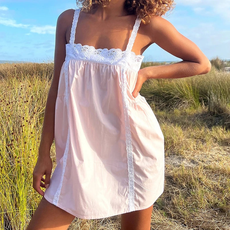 Lace Trim Mini Dress With Ruffle Babydoll Silhouette Spaghetti Strap Boho Sundress