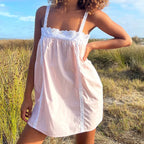Lace Trim Mini Dress With Ruffle Babydoll Silhouette Spaghetti Strap Boho Sundress