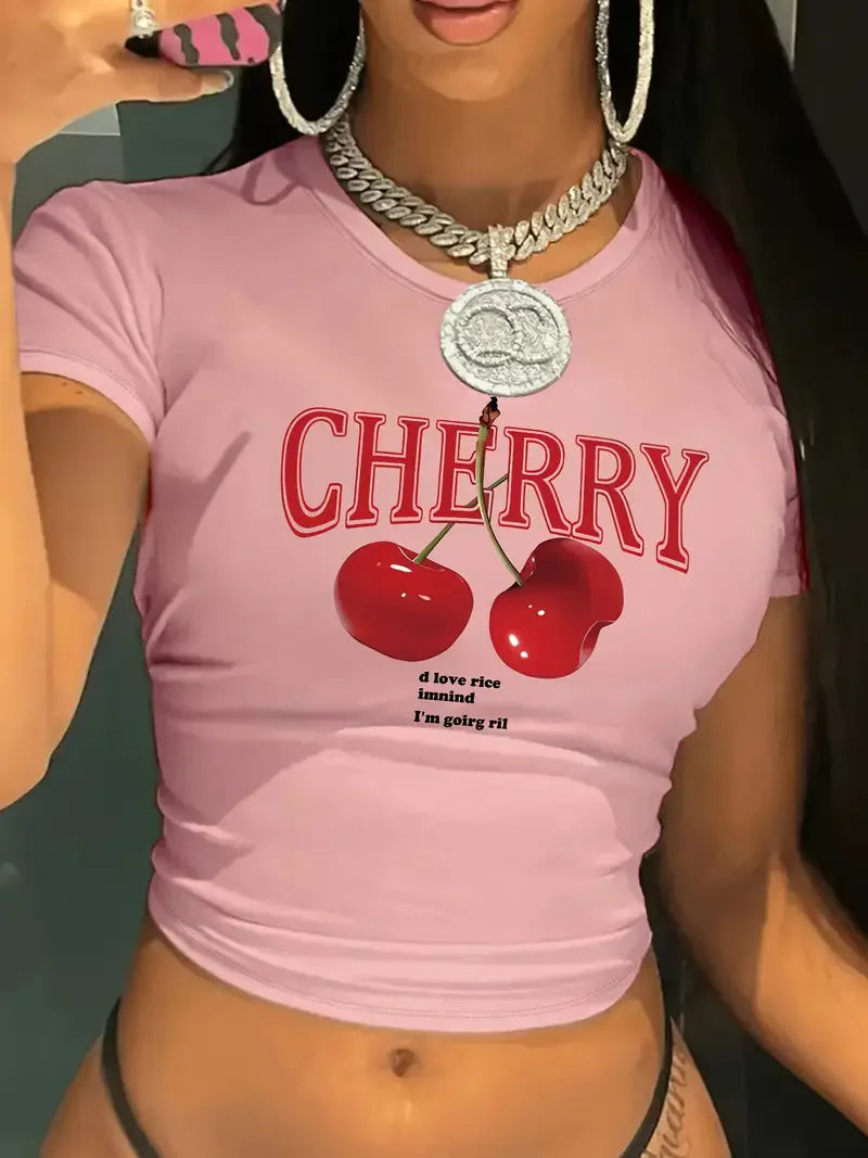 Cherry Print Crop Tee With Crew Neck Short Sleeves Slim