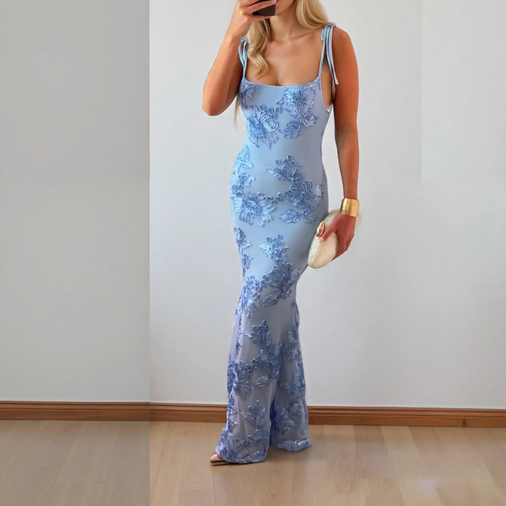 Women Thin Shoulder Straps Tied Long Cami Dress Sleeveless Low Cut Tie Up Flower Embroidery Mermaid Sundress