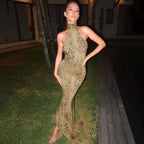Leopard Print Turtleneck Sleeveless Backless Maxi Dress With Cutout Slit