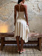 White Lace Patchwork Halter Set With Tank Top And A Line Skirt