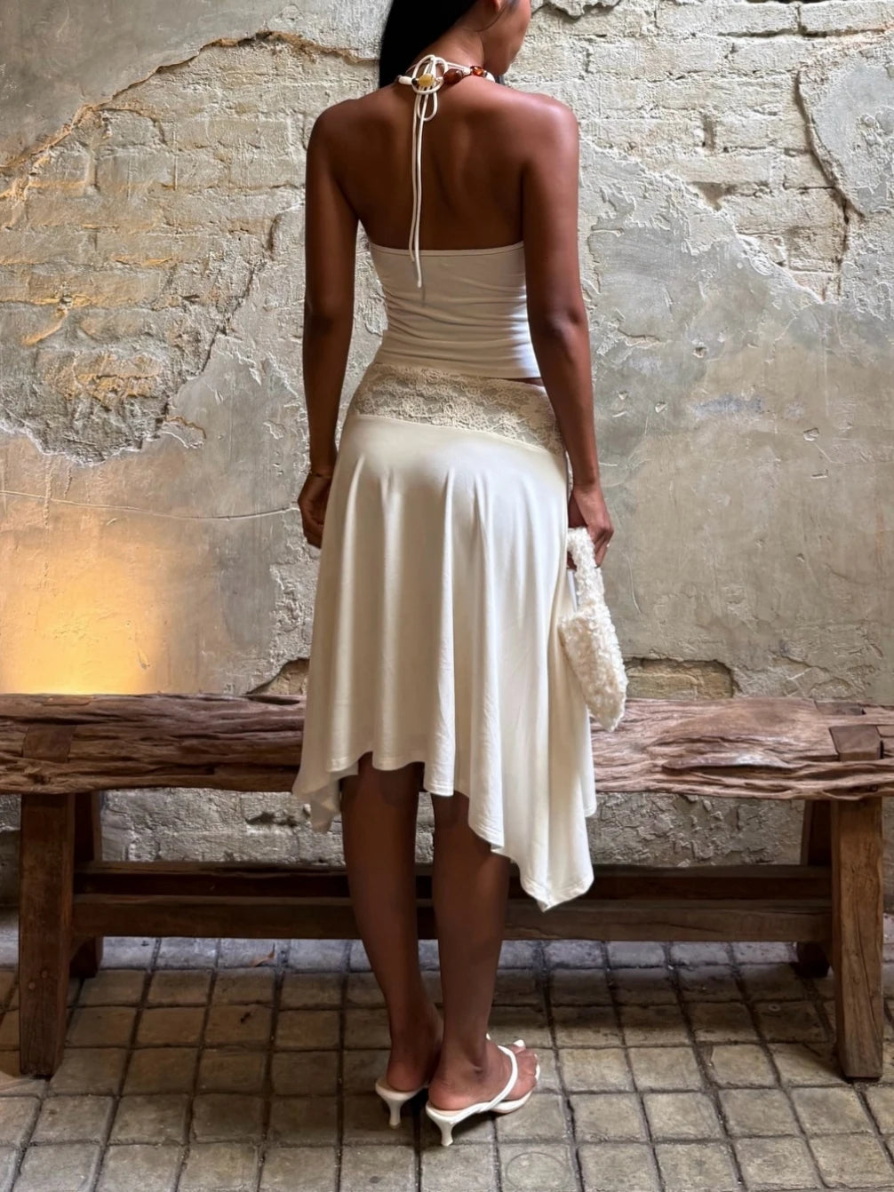 White Lace Patchwork Halter Set With Tank Top And A Line Skirt