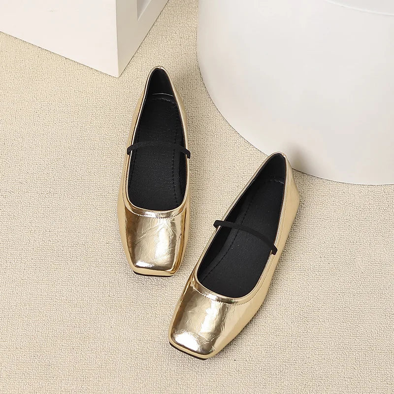 Metallic Square-Toe Mary Janes Slip-On Flats