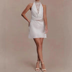 Slim Fit Lace Patchwork Satin Sleeveless Party Dress With Hollow Out Detailing White