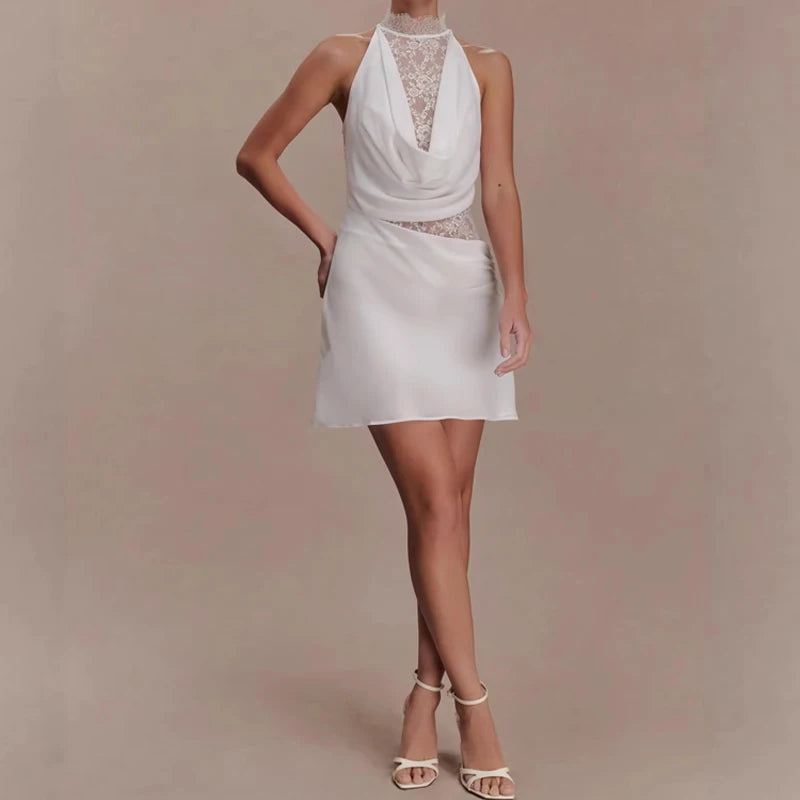 Slim Fit Lace Patchwork Satin Sleeveless Party Dress With Hollow Out Detailing White