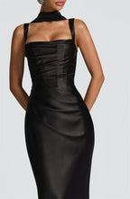 Elegant Satin Backless Halter Off-Shoulder Maxi Dress