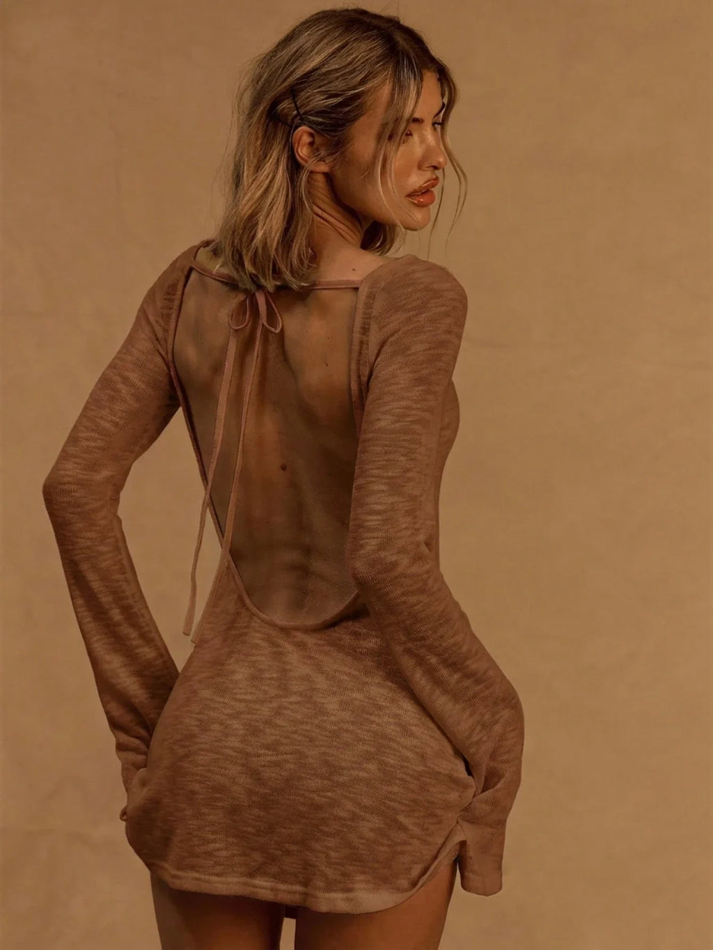 A Line Knit Mini Dress With Slash Neck And Bell Sleeves