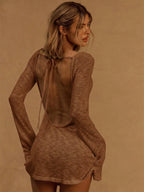 A Line Knit Mini Dress With Slash Neck And Bell Sleeves