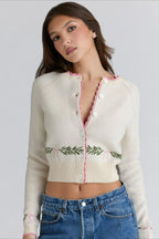 Women Sweater Cardigan Lovely Short Embroidered Sweaters O Neck Knitted Jumpers