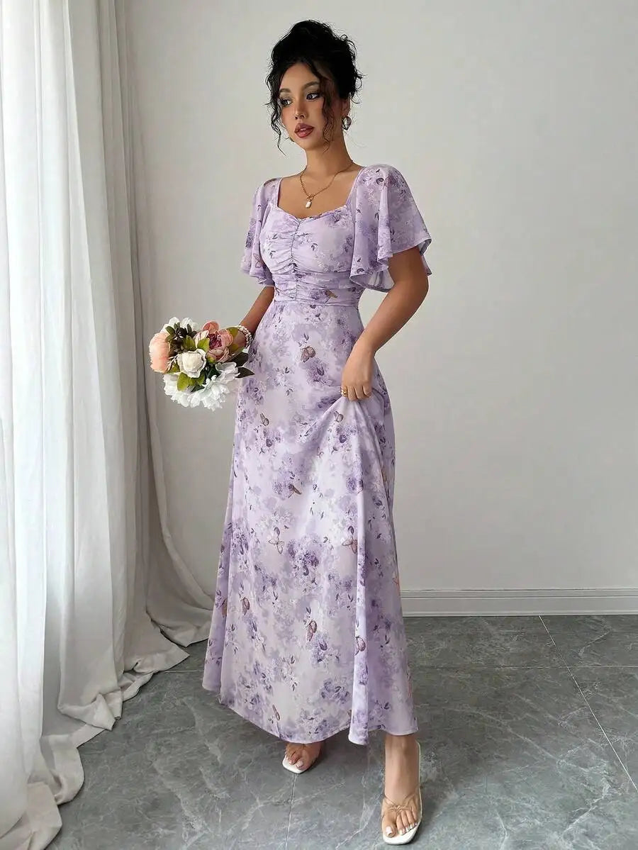 Purple Butterfly Print Mini Dress With Batwing Sleeves