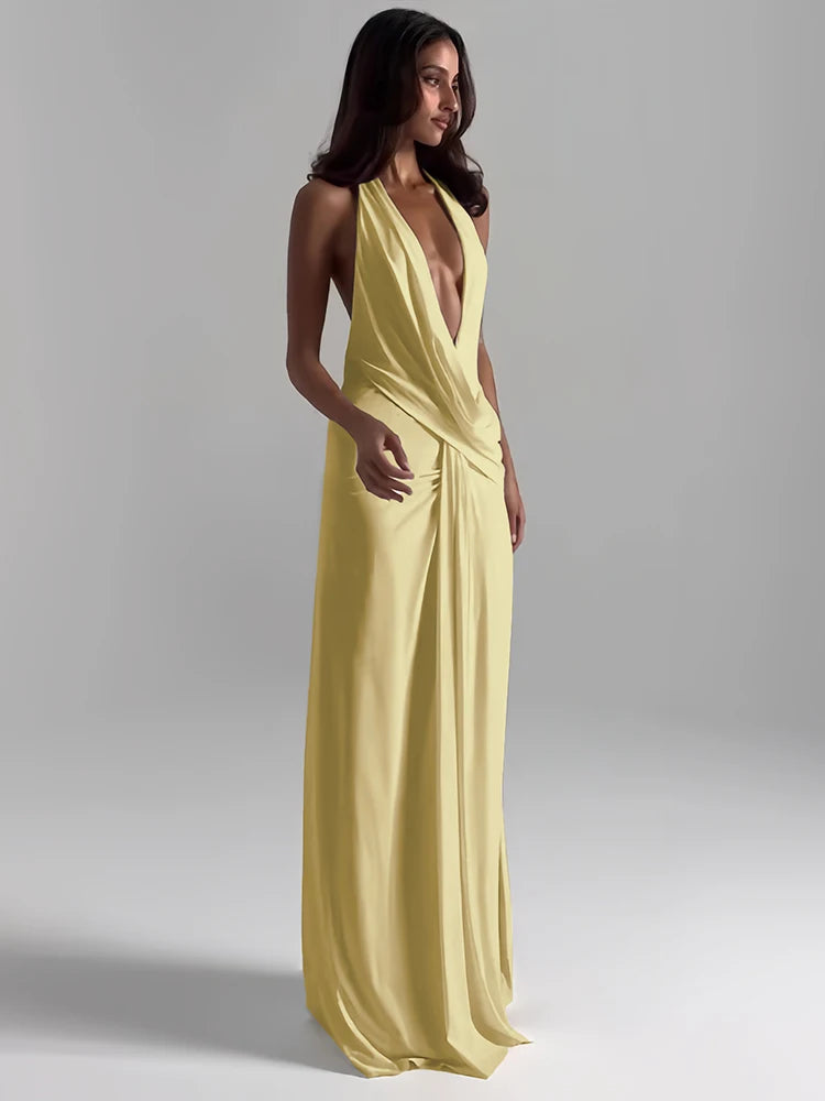 Elegant Halter Backless Maxi Dress With Deep V Neck And High Slit
