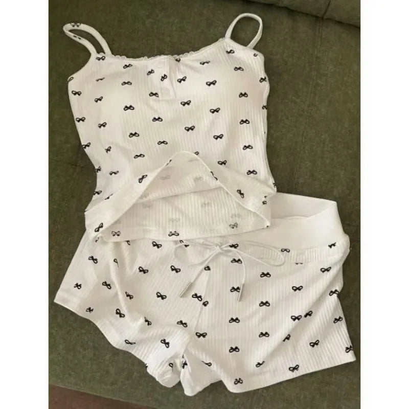 Bow Pajamas Set For Women Two Piece Summer Sleepwear With Tank Top And Shorts Lounge Ensemble