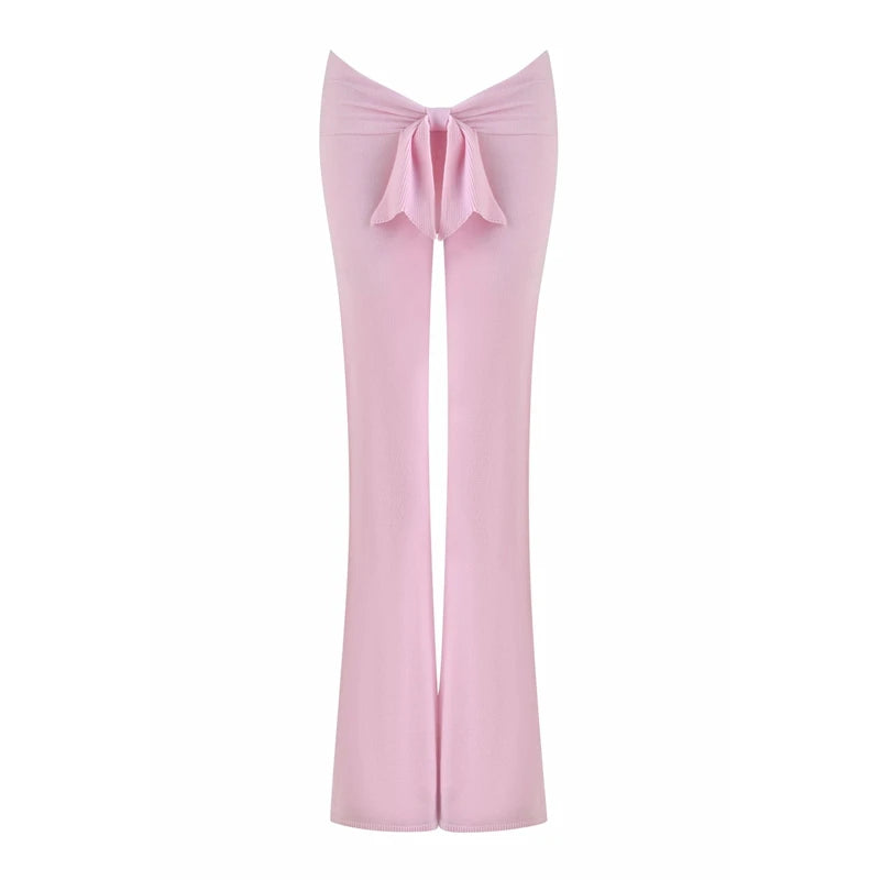 Boutique Knit Flared Pants With Elastic Waist And Back Bow Detail Slim Fit Trousers