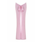 Boutique Knit Flared Pants With Elastic Waist And Back Bow Detail Slim Fit Trousers
