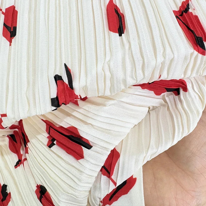 Pleated Red Print High Waist Midi Skirt And Sleeveless