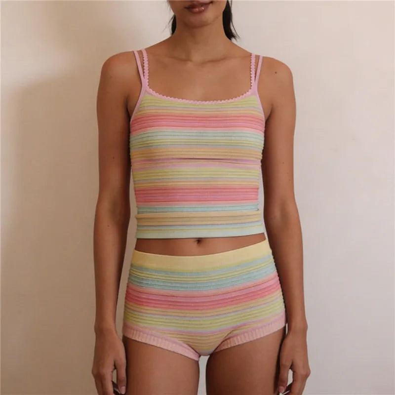 Pastel Rainbow Set With Seamless Cami Top And Ribbed Knit Boyshort Cozy Retro Vibe