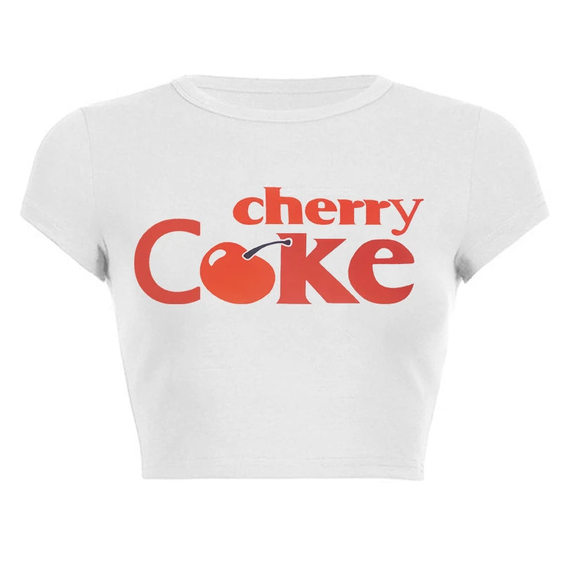 Kawaii Cherry Print Cropped Tee With Vintage Graphic Style Short Sleeve Top