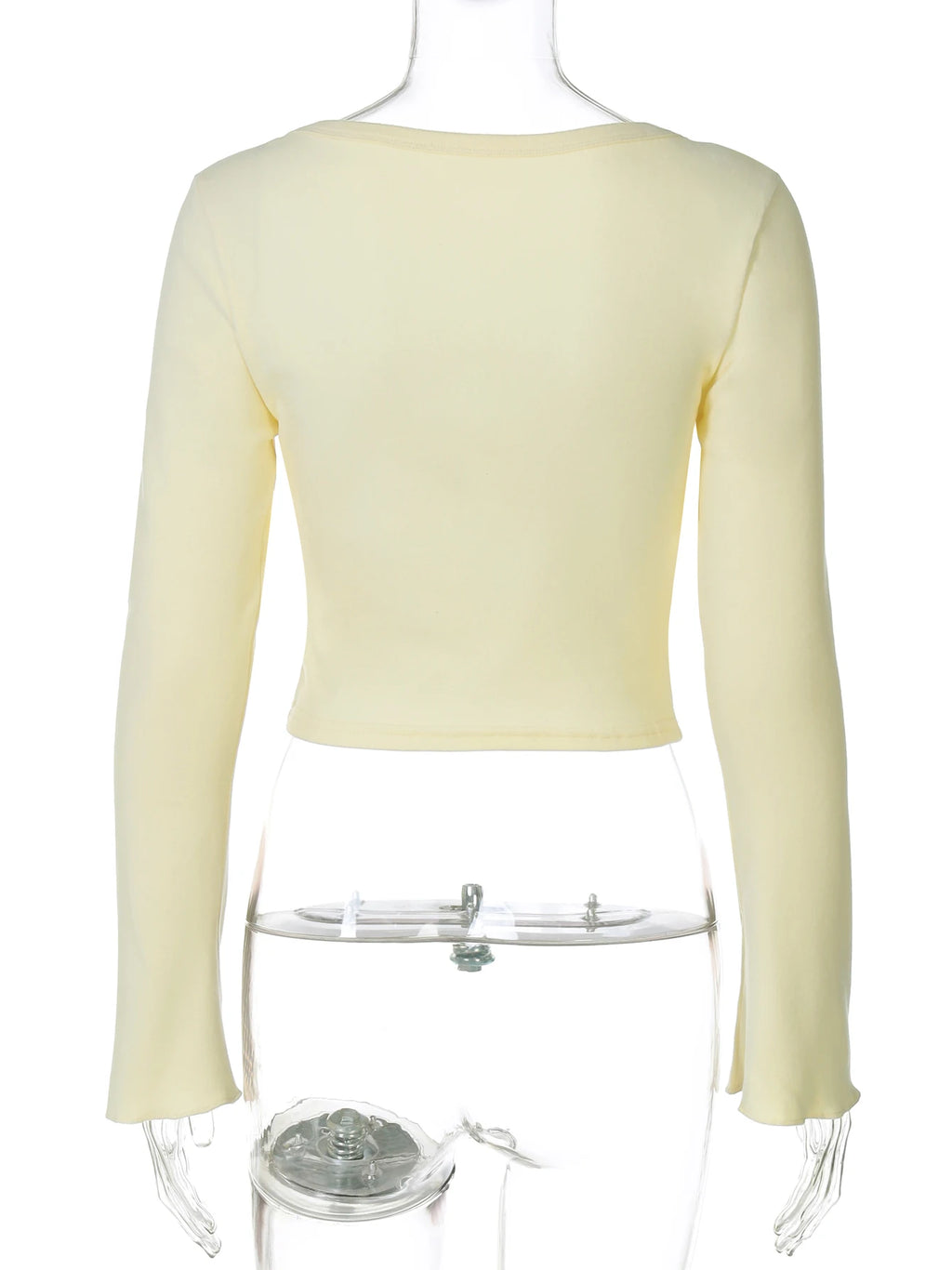 Square Collar Crop Top With Long Flare Sleeves And Button Details