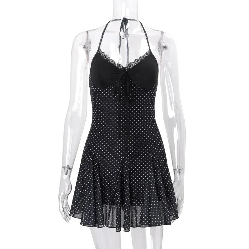 Black Lace See-Through Mini Lace-Up Contrast High Waist Backless Slim Dress