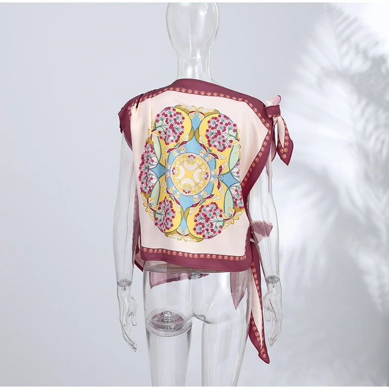 Boho Floral One Shoulder Camisole Tank Top With Asymmetrical Hem
