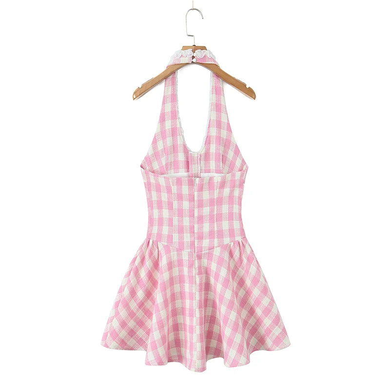 Sweet Plaid Sleeveless Backless Vintage Mini Dress With Halter Neck Slim
