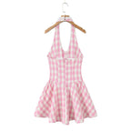 Sweet Plaid Sleeveless Backless Vintage Mini Dress With Halter Neck Slim