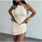 Sequin V-Neck Lace Top Ruffle Skirt Set Slim Fit Sleeveless Sheer