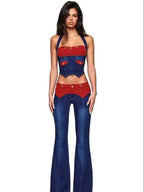 L Corduroy Panel Denim Halter Bustier Top + Flare Jeans