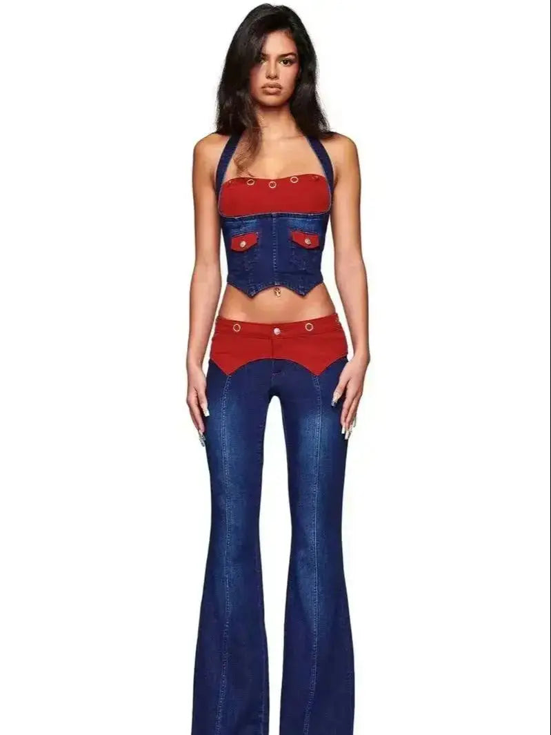 L Corduroy Panel Denim Halter Bustier Top + Flare Jeans