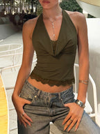 Backless Halter Knit Tank With Lace Up Details And Swing Collar