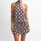 Vintage Polka Dot Backless Halter Dress With Ruffles And Pleated Skirt