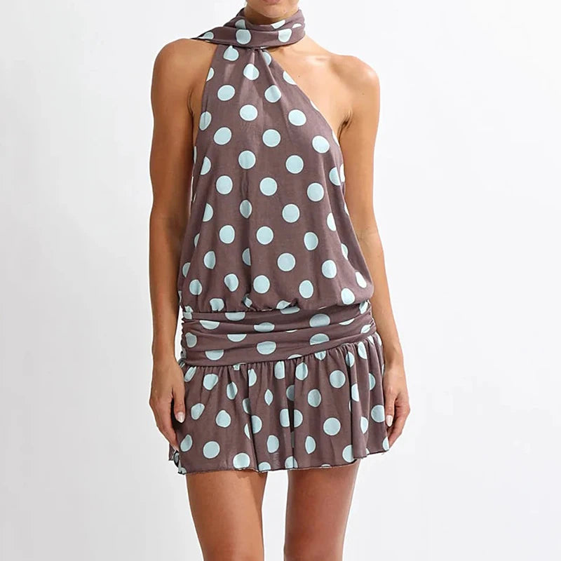 Vintage Polka Dot Backless Halter Dress With Ruffles And Pleated Skirt