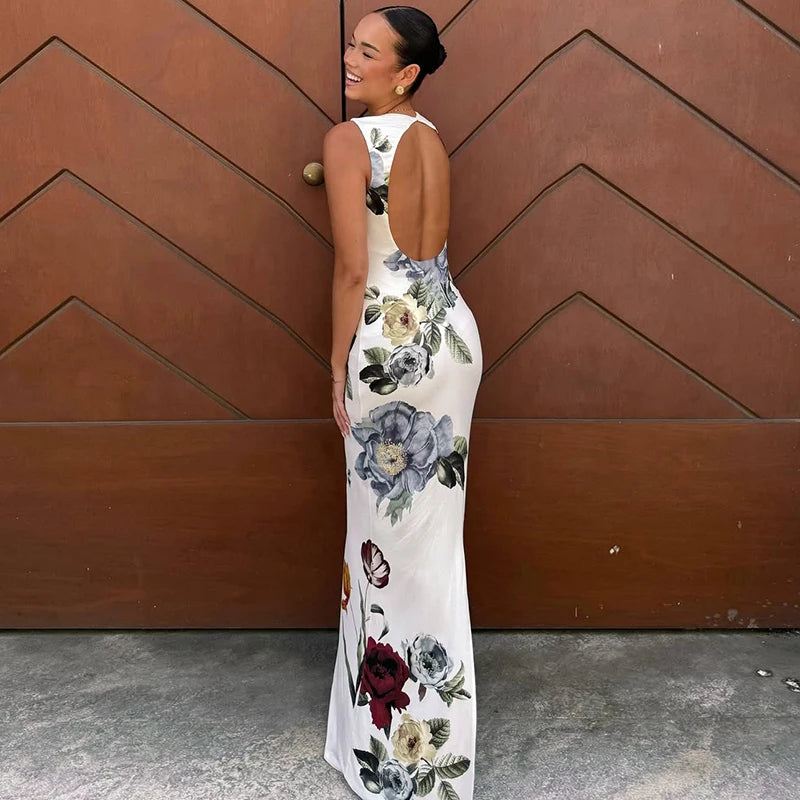 Floral Garden Maxi Dress With Round Neck Sleeveless Slim Fit Elegant Style