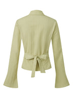Cinched Waist Button Down Blouse With Back Tie Long Sleeve