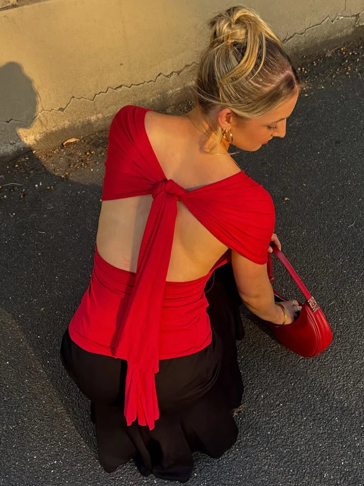 Women Halter Neck Backless Elastic V Neck Crop Top