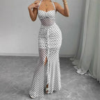 White Polka Dot Chiffon Backless Strapless Dress With Empire Waist