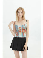 Flirty Vintage Graphic Spaghetti Strap Cami Top With Off Shoulder Flair