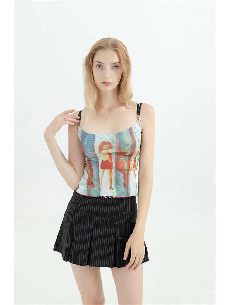 Flirty Vintage Graphic Spaghetti Strap Cami Top With Off Shoulder Flair