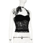Elegant Lace Flora Halter Crop Top With Sheer Panel Lightweight Sleeveless Tank