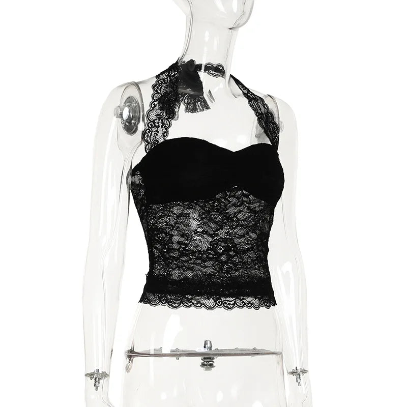Elegant Lace Flora Halter Crop Top With Sheer Panel Lightweight Sleeveless Tank