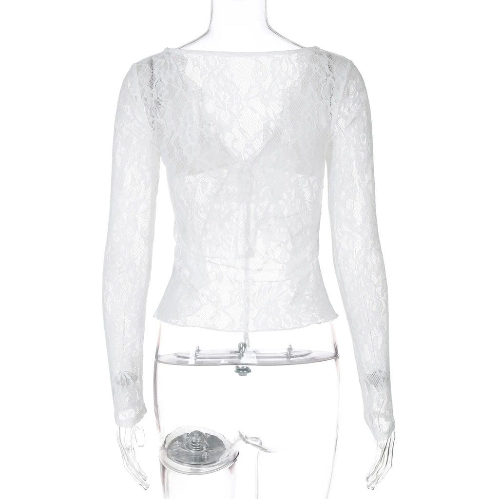 Lace Up See Through Cardigan Top With Ruffle Lace Trim For Women Elegant Retro Inspired Party Top