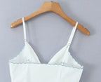 Wave Edged White Camis Sexy Bow V Neck Cotton Slim Crop Top