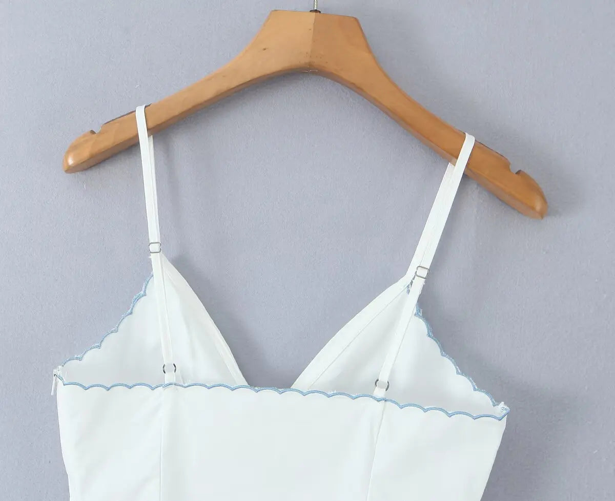 Wave Edged White Camis Sexy Bow V Neck Cotton Slim Crop Top