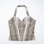 Snake Print Backless Halter Tank Top And Capri Set For Bold Retro Nightlife Style Vibe