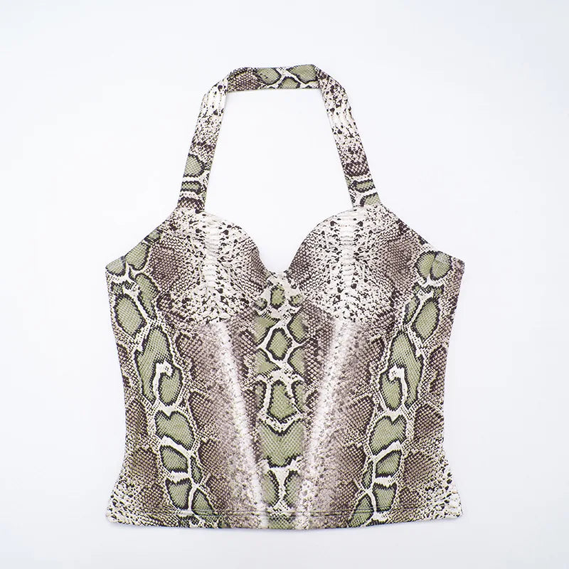 Snake Print Backless Halter Tank Top And Capri Set For Bold Retro Nightlife Style Vibe