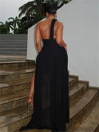 Backless Sleeveless Maxi Dress With High Slits Irregular Skew Collar