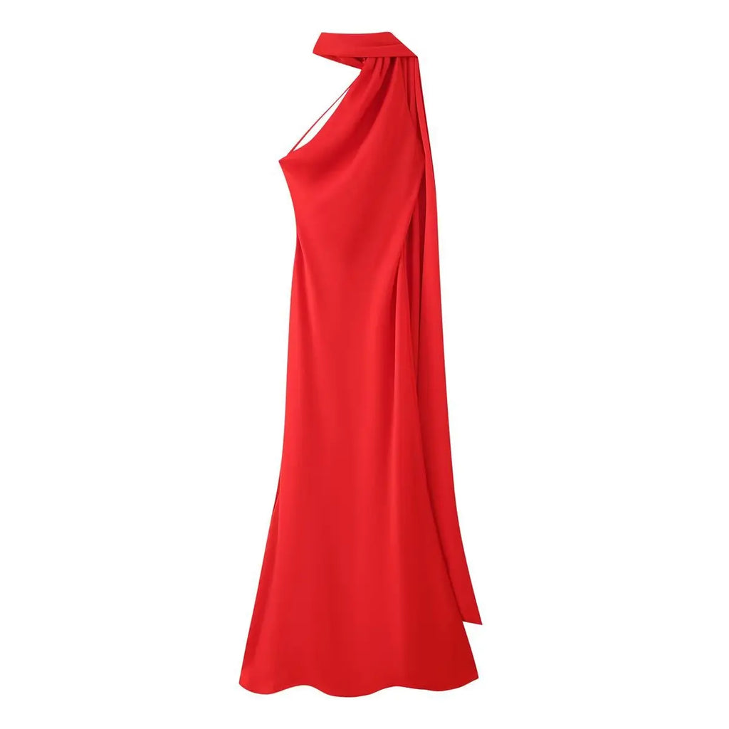 Elegant Silk Satin Halter Maxi Dress Backless Ribbon Tie Evening Gown
