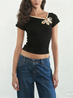 Nostalgic Streetwear Tee With Hollow Flower Cutout Slim Fit Half Sleeve For Women